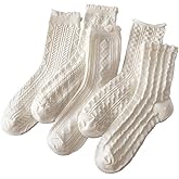 Tyadorw 5 Pair White Cute Ankle Socks for Women Coquette Cable Knit Long Cotton Lace Ruffle Frilly Cottagecore FLoral Socks