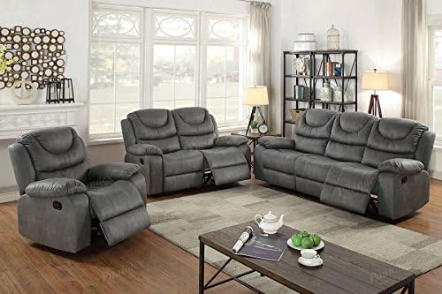 3Pcs Slate Grey Leather Motion Sofa Loveseat Chair Recliner Set for Living Room