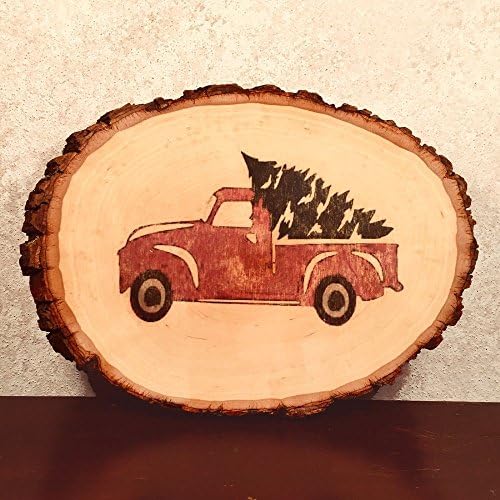 Rustic Wood Sign With Truck and Snowy Tree, Personalized Wall Hanging, Wood Slab Decor with Holiday Picture, Wooden Color Sign With Bark