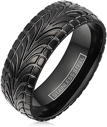 Awesome Black Ion Plated Stainless Steel Ring with Cool Tire Tread Pattern.