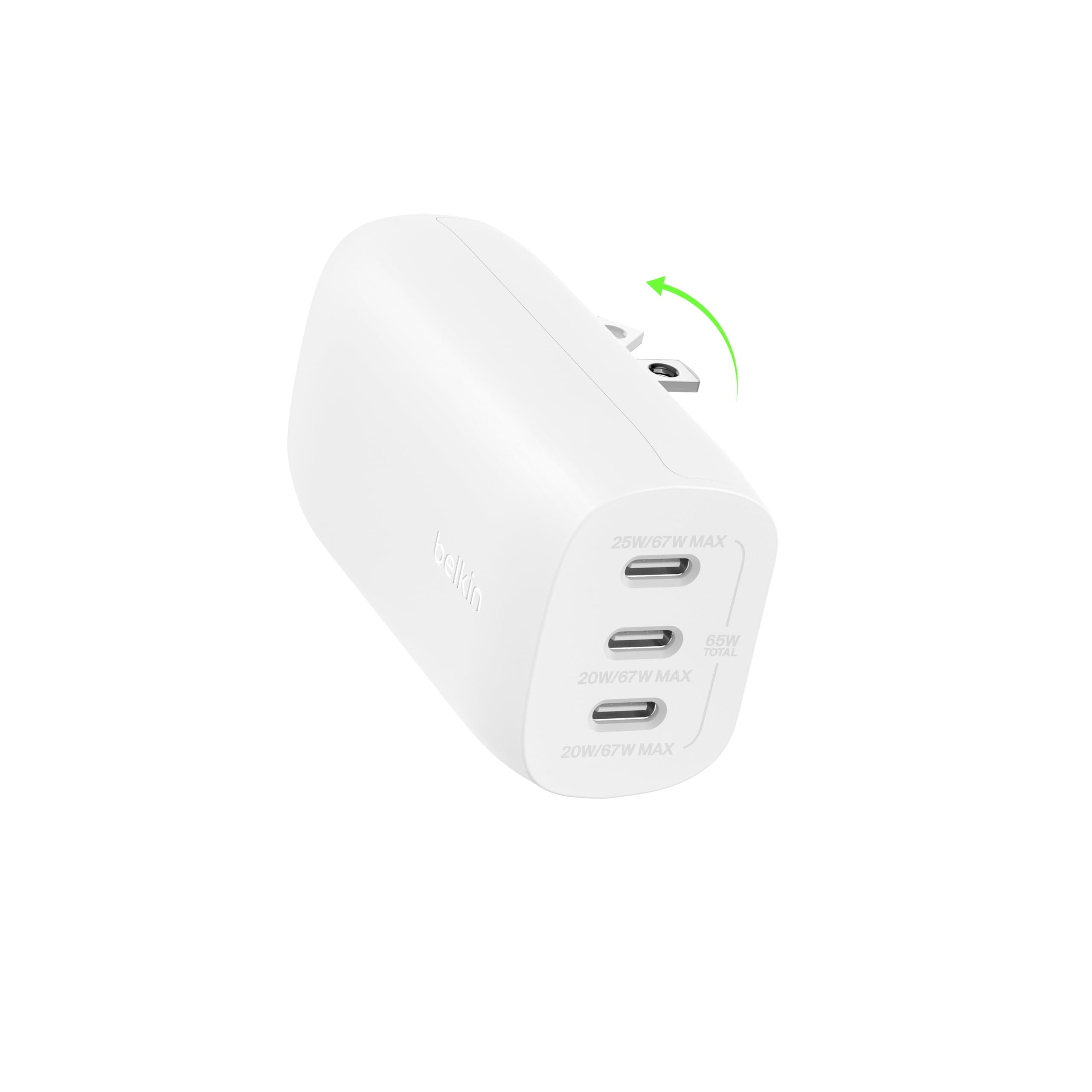 Belkin 3-Port USB C Charger Block 67W - PPS, USB-C PD3.1 Super Fast Charging Charger - Samsung Galaxy S25, Apple iPhone 17, Air, Pro, MacBook, AirPods, Nintendo Switch 2 & More - White