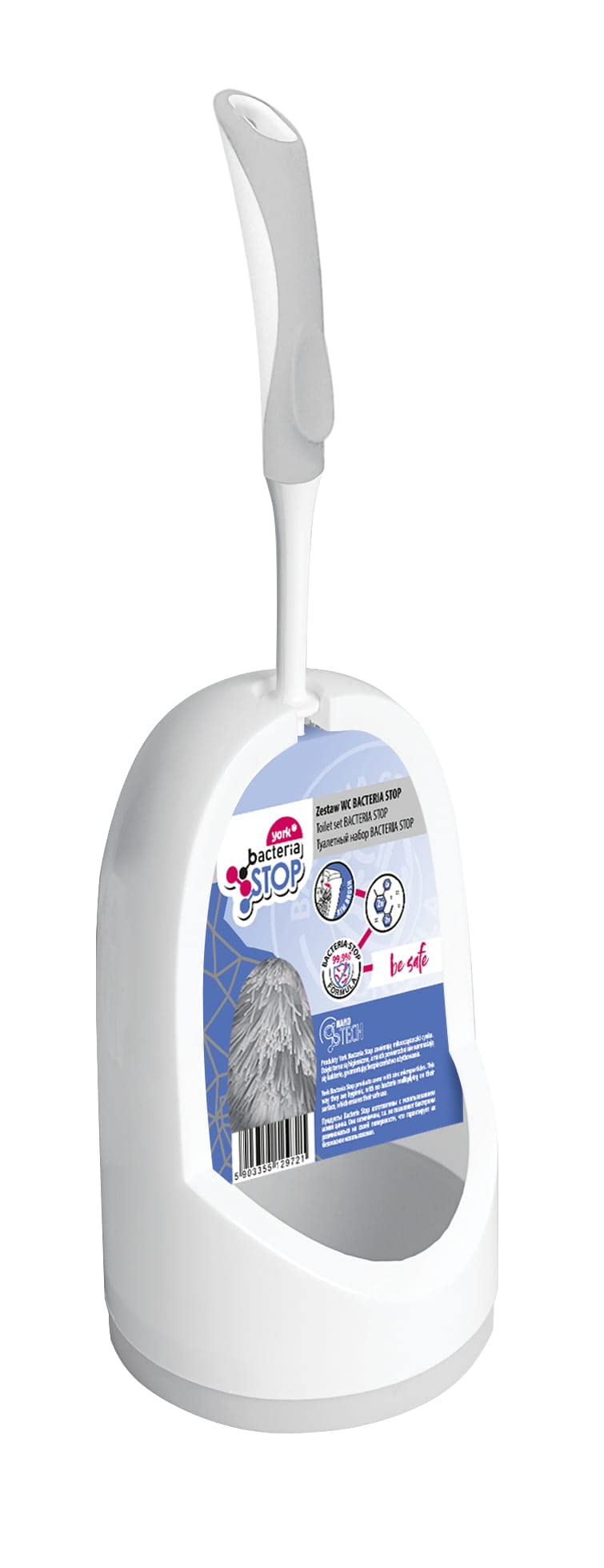 York Edge Cleaner Holder Toilet Brush Hygienic with Zinc Macromolecules White Grey Bacteria Stop Handle 38 cm, Plastic Rubber, L