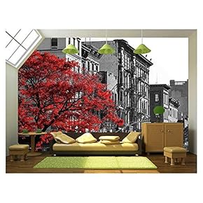 Red Fall Tree in Black and White NYC Street Scene on 2nd Avenue in The East Village of Manhattan, New York City - Removable Wall Mural | Self-Adhesive Large Wallpaper - 66x96 inches