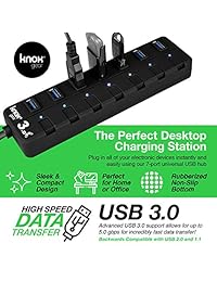 Knox 7 Port USB Hub - Universal High Speed USB 3.0 with Individual Switches and LED Lights   Dual 5v Power Adapter or USB   Compact Desk Charging Station, Data Center, Computer Accessories Splitter