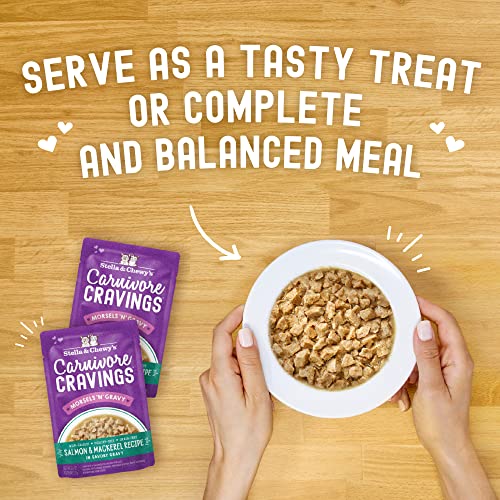 STELLA & CHEWY’S CARNIVORE CRAVINGS WET CAT FOOD POUCHES – PREMIUM SALMON & MACKEREL RECIPE – GRAIN-FREE MORSELS & GRAVY – PERFECT FOR PICKY EATERS – COMPLETE MEAL OR TOPPER – 2.8OZ, 12-PACK