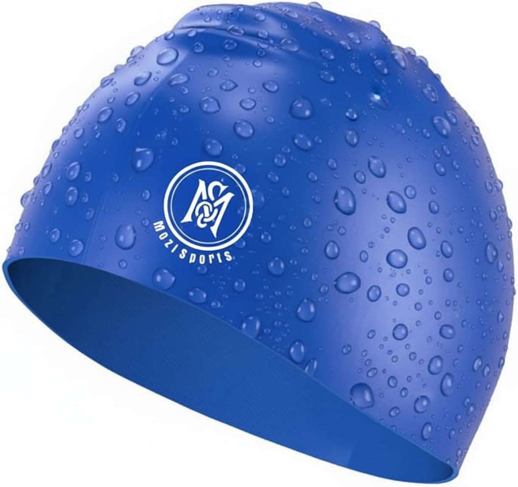 Swimming Caps For Kids- 100% Silicone Waterproof Durable and Odour Free Swim Hat - Stretchable, Anti slip Swim Cap - Swimming Hat for up To 5-12 Years With Protective Pouch (Blue)