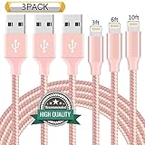 Youer Lightning Cable 3Pack 3FT 6FT 10FT Nylon Braided Certified iPhone Cable USB Cord Charging Charger for Apple iPhone 8, X, 7, 7 Plus, 6, 6s, 6+, 5, 5c, 5s, SE, iPad, iPod Nano, iPod Touch Pink