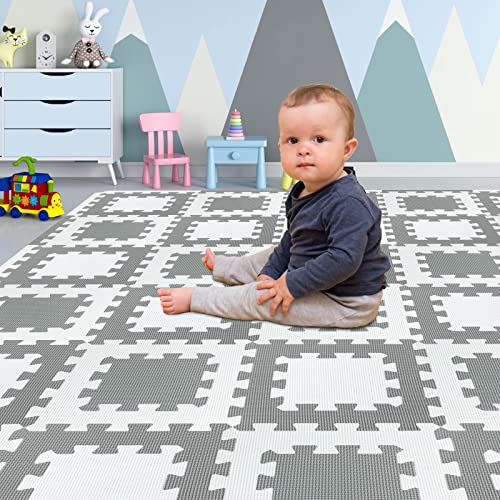 Yostrong 18 Tiles Interlocking 2 Square Puzzle Foam Baby Play Mat with Straight Edges for Playing - EVA Babies Crawling Mat | Rubber Floor Work Out Mats for Home Gym. White, Gray. YO2S-ALb18S18
