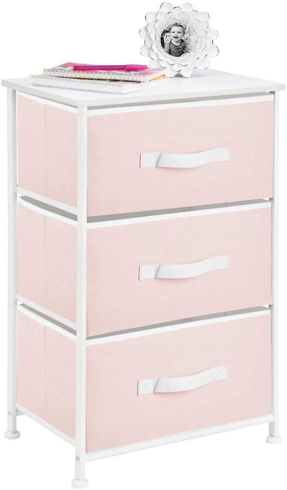 mDesign 3-Drawer Vertical Dresser Storage Tower - Sturdy Steel Frame, Wood Top and Easy Pull Fabric Bins - Multi-Bin Organizer Unit for Child/Kids Bedroom or Nursery - Light Pink/White: Home & Kitchen