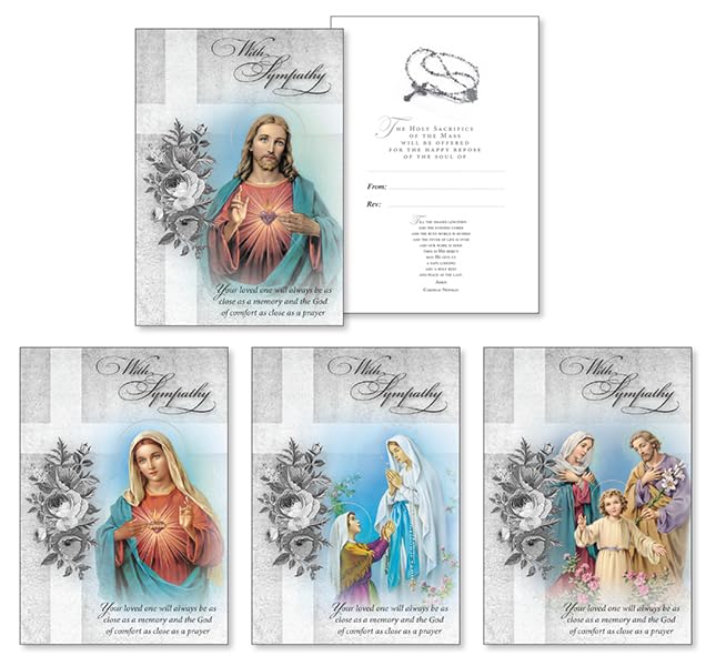 Pack of 4 With Sympathy Catholic Mass Card Unisex Floral and Faith Design for Men or Women with a Sentimental Memory Wallet Card