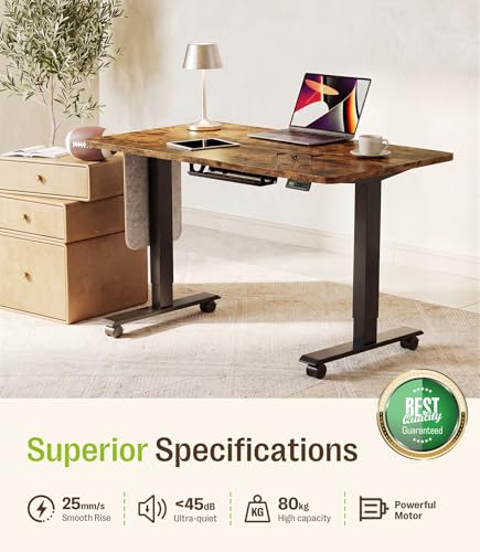 MAIDeSITe Height Adjustable Electric Lift Table, 120 x 60 cm Standing and Sitting Table with Cable Tray, Hook and Storage Pockets, Lift Table with Memory Controller