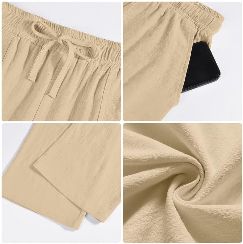 Calças de linho masculinas de algodão de verão com bolsos com cordão