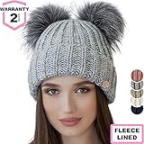 Braxton Beanie Women - 2 Pom Cable Knit Winter Warm Fleece Hat - Wool Snow Cuff Grey Ski Cap