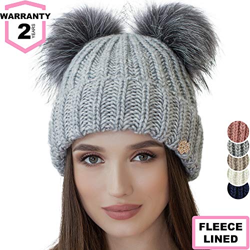 Braxton Beanie Women - 2 Pom Cable Knit Winter Warm Fleece Hat - Wool Snow Cuff Grey Ski Cap