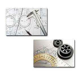 Caliper Ruler and Pencil and Gears on Technical Drawings - Canvas Art Wall Art - 16"x24" x 2 Panels