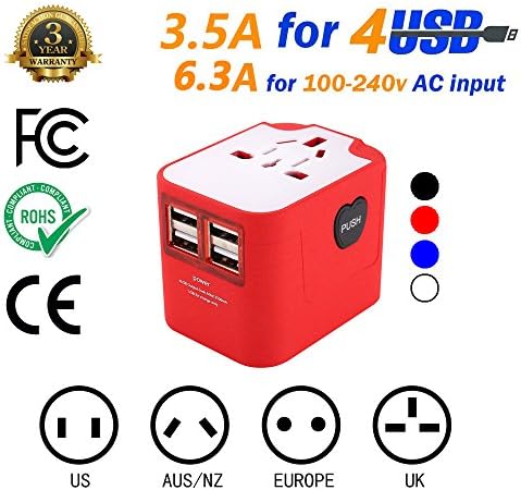 4 USB Travel Adapter Charger - Universal Electrical Adapter Converter with 4 x 3.5A USB Ports for UK US EU AU (Red)