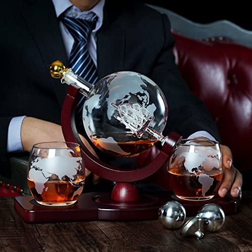 PONPUR Gifts for Men Dad Fathers Day, Whiskey Decanter Globe Set with 2 Ball Stones & 2 Glasses, Anniversary Birthday Gifts for Him Husband Boyfriend Brother, Cool Stuff Gift for Bourbon Scotch