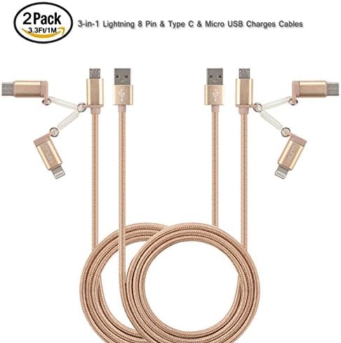 MINLU (TM) 2Pack 3.3Ft Lightning to Micro USB &amp; Type C Charging and Sync 3-in-1 Cable for iPhone, iPad, iPod Touch/Nano, Android, Samsung /HTC/blackberry/ Motorola/Sony/New Macbook/N1/6P/5X (Gold)