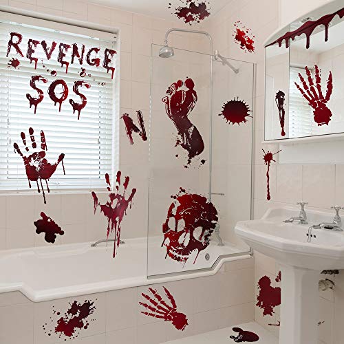 Halloween Window Clings, Bloody Handprint Footprint, 12 Sheets 130 PCS Halloween Window Decorations, Halloween Wall Decor, Halloween Window Stickers for Vampire Zombie, Spooky Window Stickers