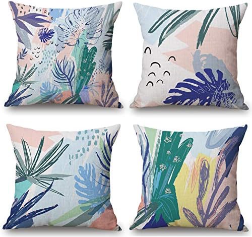 Modern Chic Abstract Minimalist Decorative Throw Pillow Covers Set 18 x 18 Inches, Cotton Linen Toss Cushion Cases for Couch Sofa Covers (Tropical Rainforests)
