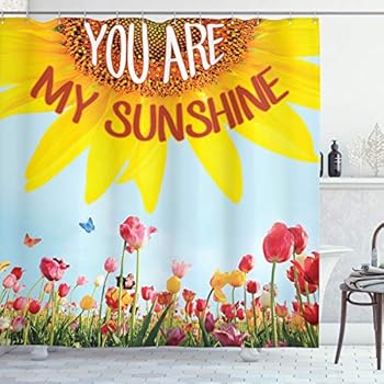 Ambesonne Western Farmhouse Mansion Nature Decor Collection, Sunflower Poppies Tulips Pansy Flowers Butterfly You are My Sunshine, Polyester Fabric Bathroom Shower Curtain Set with Hooks