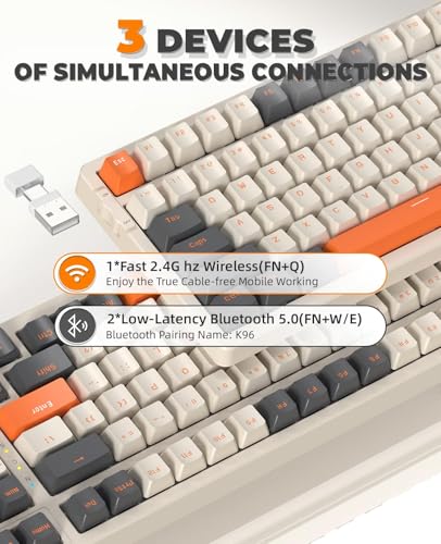Wireless Mechanical Keyboard, Trip Mode 2.4G and BT5.0 2-in-1 Receiver, Type-c, 100 Keys Hot Swappable Switches, Gaming Keyboard with Number Pad, for PC Gamers or Mac or Windows (Khaki)