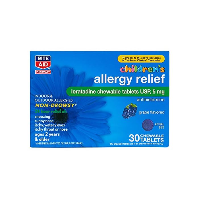 Rite Aid Children's Non-Drowsy Allergy Relief Chewable Tablets, Grape Flavor, Loratadine, 5 mg - 30 Count | Children's…