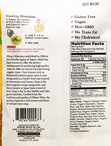 MISO SOUP INSTANT – HIKARI MISO ORGANIC INSTANT MISO SOUP WITH SPINACH AND WAKAME – NO MSG, VEGAN, GLUTEN FREE, USDA ORGANIC – MADE IN JAPAN