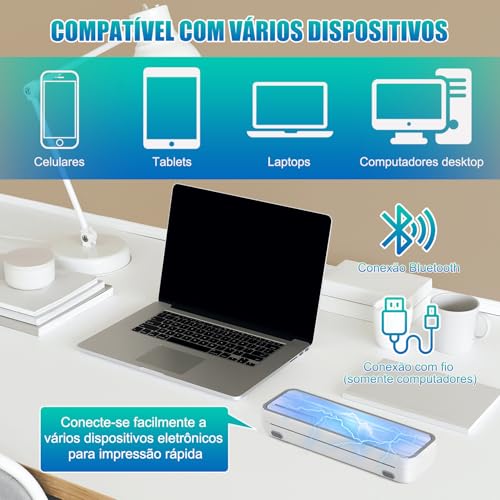 Impressora Térmica Portátil A4, Impressora Térmica Portátil com 20 Folhas Papel com Bluetooth, Compatível com Android, iOS e Laptop