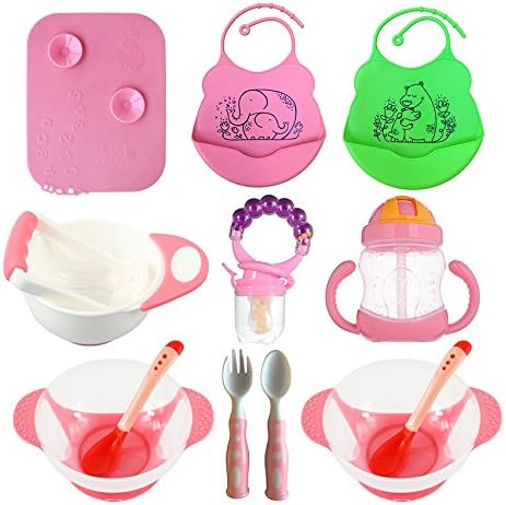 Baby Feeding Set, Complete & Best Value Gift, For Any Occasion, Loving Baby Includes: 2 Bibs| 2 Bowls w/Lid & Spoon| Placemat| Mash Bowl w/Tool| Sippy Cup| Fruit Pacifier w/Rattle| Spoon & Fork (Pink)