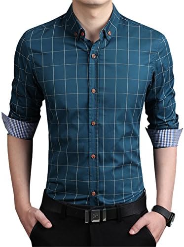 KIMIST Men's Formal Business Plaid Slim Fit Long Sleeve Dress Shirts (Lake Blue, XX-Large)