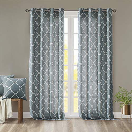 Madison Park Saratoga Single Window Curtain Light Filtering Fretwork Print 1 Panel Grommet Top Drape for Living Room Bedroom and Dorm, 50x95, Blue/White