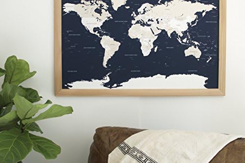 Large Navy World Natural Map - Large Push Pin Travel Map - Framed World Map in Handcrafted Wood Frame 24x36