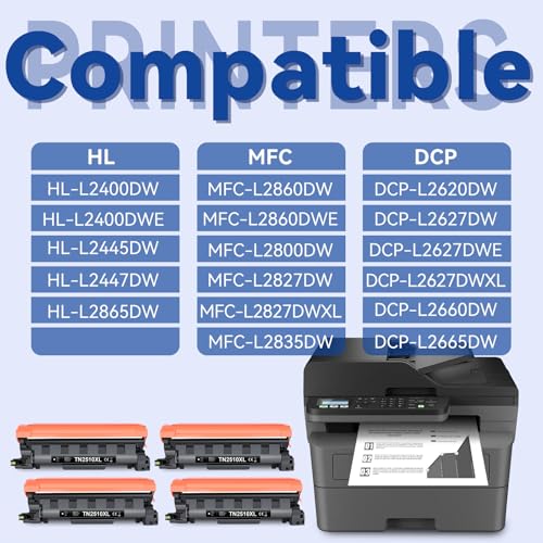 Lemero TN2510 TN2510XL Toner Compatible with Brother MFC-l2827dw Toner HL-L2400DWE MFC-L2800DW MFC-L2835DW MFC-L2860DW MFC-L2960DW MFC-L2980DW HL-L2445DW DCP-L2660DW DCP-L2627DW HL-L240 0DW Black x 4