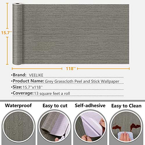 VEELIKE Grey Grasscloth Peel and Stick Wallpaper Removable Faux Grey
