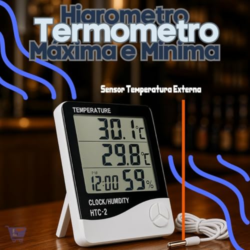 Termômetro Higrômetro Digital Alta Precisão, Medidor de Temperatura e Umidade do Ar Memória Máx/Mín Relógio Integrado Display LCD Fácil Leitura para Casa Freezer Aquário Chocadeira e Geladeira Premium