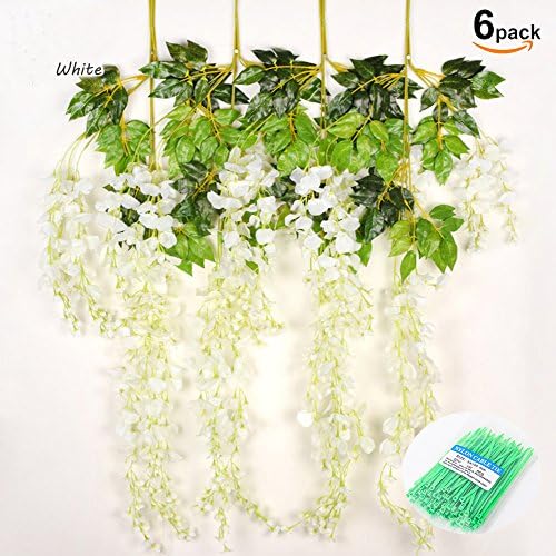 3.6 Ft Realistic Romantic Classic Artificial Fake Wisteria Vine Ratta Silk Flowers,6 Pieces White with 100 Piece Free Nylon Cable Ties