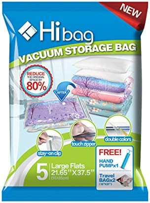 Premium Space Saver Bags, Hibag Pack of 5 Vacuum Compression Bags (Large Size) with 2 Free Roll Up Bags no Vacuum Needed and 1 Free Hand-Pump, Saving 80% more Storage Space