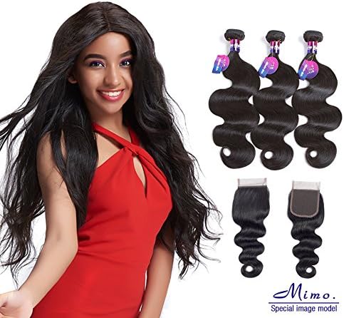 Brazilian Body Wave with Closure, Mornice 10A Virgin Hair 3 Bundles with Lace Closure Free Part (16 18 20 +14inch)