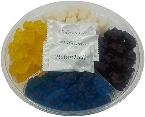 Assorted Gummi Bears in a Party Tray (Mango, Black Cherry, Blue Raspberry, Strawberry Banana). Includes Exclusive HolanDeli Chocolate Mints.