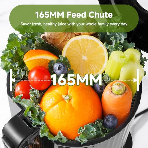 AMZCHEF Cold-Press-Juicer-Machines, 165MM Large Feed Chute, 600W DC Motor, Slow Masticating Juicer with Pre-Cut Blade, 2 Strainers for Juice, Nut Milk & Sorbet, High Juice Yield, Easy to Clean