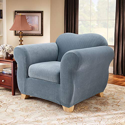 Surefit Stretch Pinstripe 2-Piece - Chair Slipcover - French Blue - Thumbnail 3