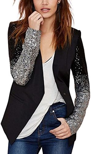 missomo Women Long Sleeve Patchwork Sequins V-Neck PU Collar Button Jacket