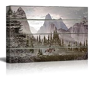 Rustic Mountain Scenery on a Wooden Background