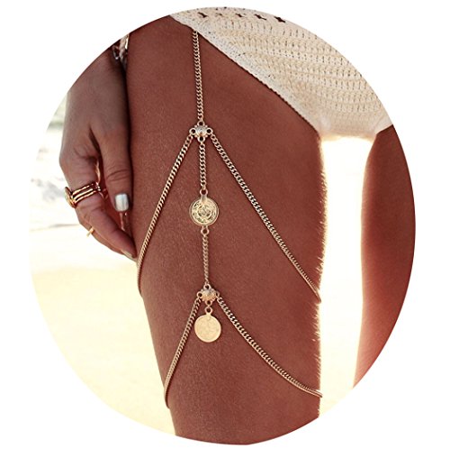 Tupai 1Pcs Vintage Gold Stretchy Bikini Thigh Leg Tassel Chains Coins Pendant Crossover Body Jewelry - Thumbnail 3