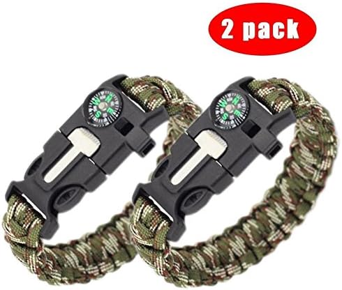 Survival Paracord Bracelet - 5-In-1 Outdoor Paracord Survival Kit: Parachute Cord, Buckle with Compass, Fire Starter, Whistle &amp; Emergency Knife Scraper（pack of 2） (Multi Camouflages)