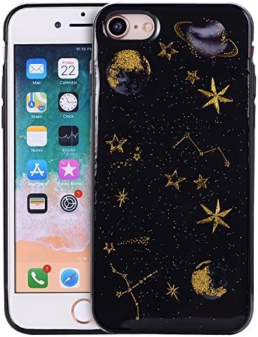 CMEKA Slim Fit iPhone 8 Cover Bling Glitter Sparkle Space Planet Stars Moon Embedded Slippy Ultra Thin Flexible Soft TPU Protecive Phone Case Compatible with Apple iPhone 7/8 (Black)