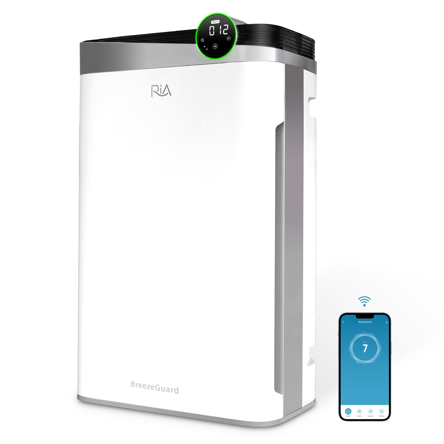 RIA Smart Air Purifier BreezeGuard 2-in-1 with Built-In Humidifier, Industrial-Grade Air Cleaner, for Large Homes up to 2500 SqFt, Smart App Remote Control, Removes Wildfire Smoke, PM2.5, Allergens