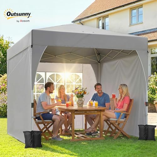 Outsunny 9.6 x 9.6 ft Pop Up Canopy Tent with 3 Sidewalls, UPF 50+ 1-Button Push Easy Setup Outdoor Instant Canopy Portable Shelter with 4 Sandbags, Carry Bag, Light Grey
