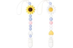 LSTRAGY Silicone Pacifier Clip, 2 Pack Pacifier Holder for Boys and Girls, Adorable Sunflower Pacifier Clips Fits for Most Pacifier, Baby Teethers, Baby Shower and Baby Gift(White&Yellow)